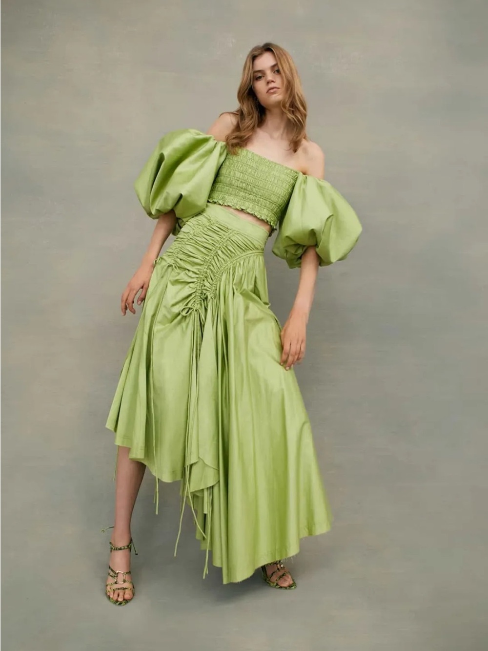 AJE
Green Siren Drawstring Asymmetric Cotton Midi Skirt